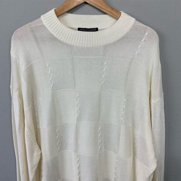 Vintage 90s Tulliano Ivory Knit Sweater Size XL Crew Neck Pullover Checkerboard - Picture 6 of 9